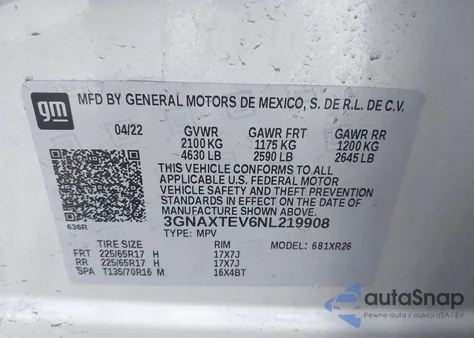 2022 Chevrolet Equinox Awd 2Fl z USA, uszkodzony, nr VIN 3GNAXTEV6NL219908